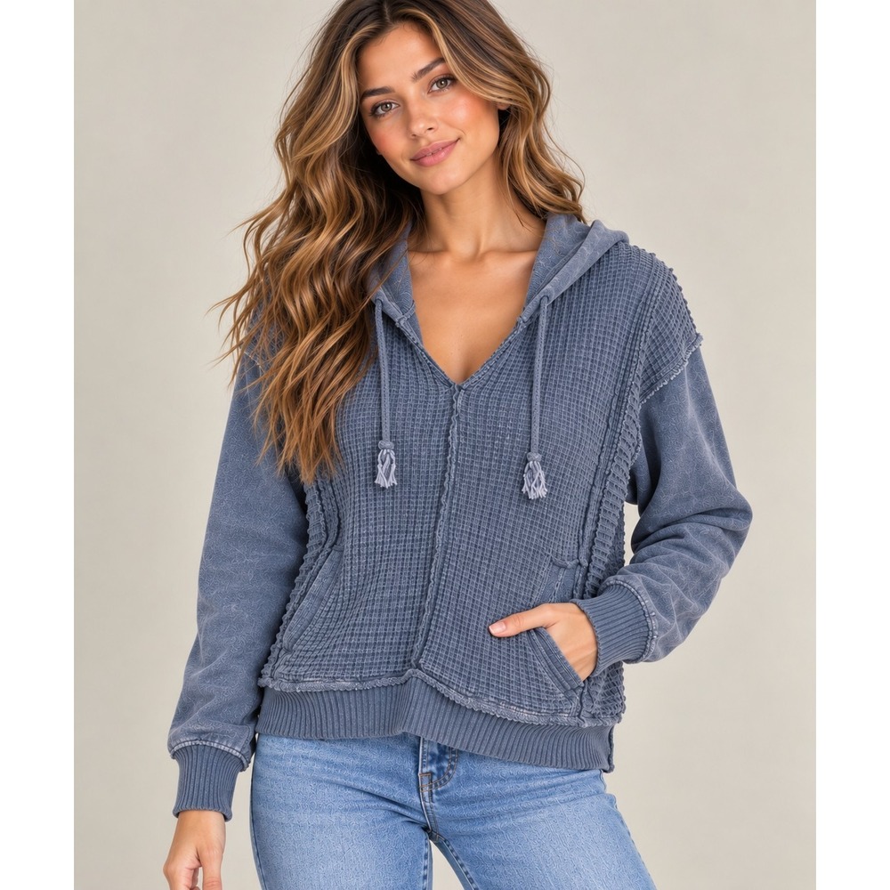 Vintage Havana Oversize Hoodie Womens S Blue Gray Gauzy Cotton Waffle Knit Boho